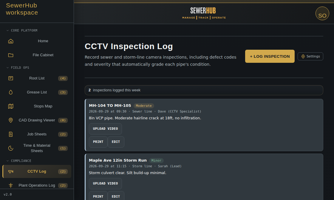 CCTV Inspection Log showing defect codes and severity grading