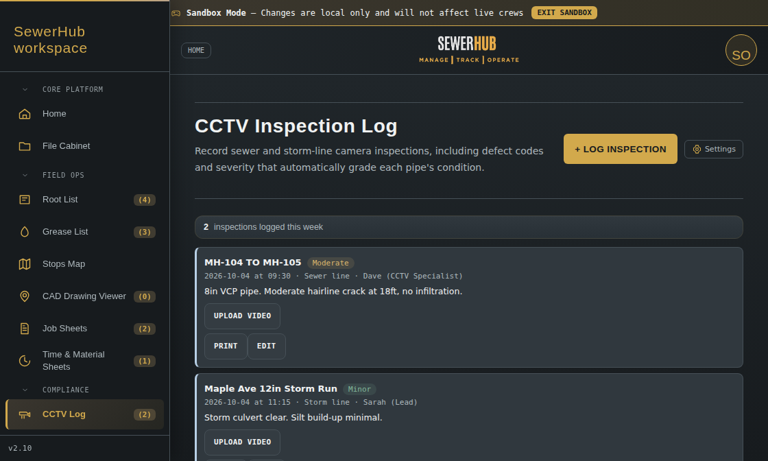 CCTV Inspection Log showing defect codes and severity grading