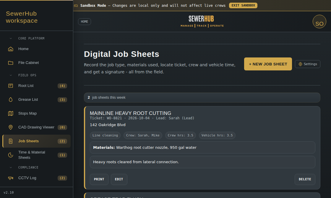 Digital Job Sheets showing materials, crew, and vehicle hours