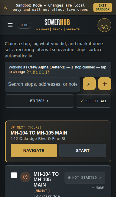 SewerHub Root List on a phone, showing an urgent stop and a claim button