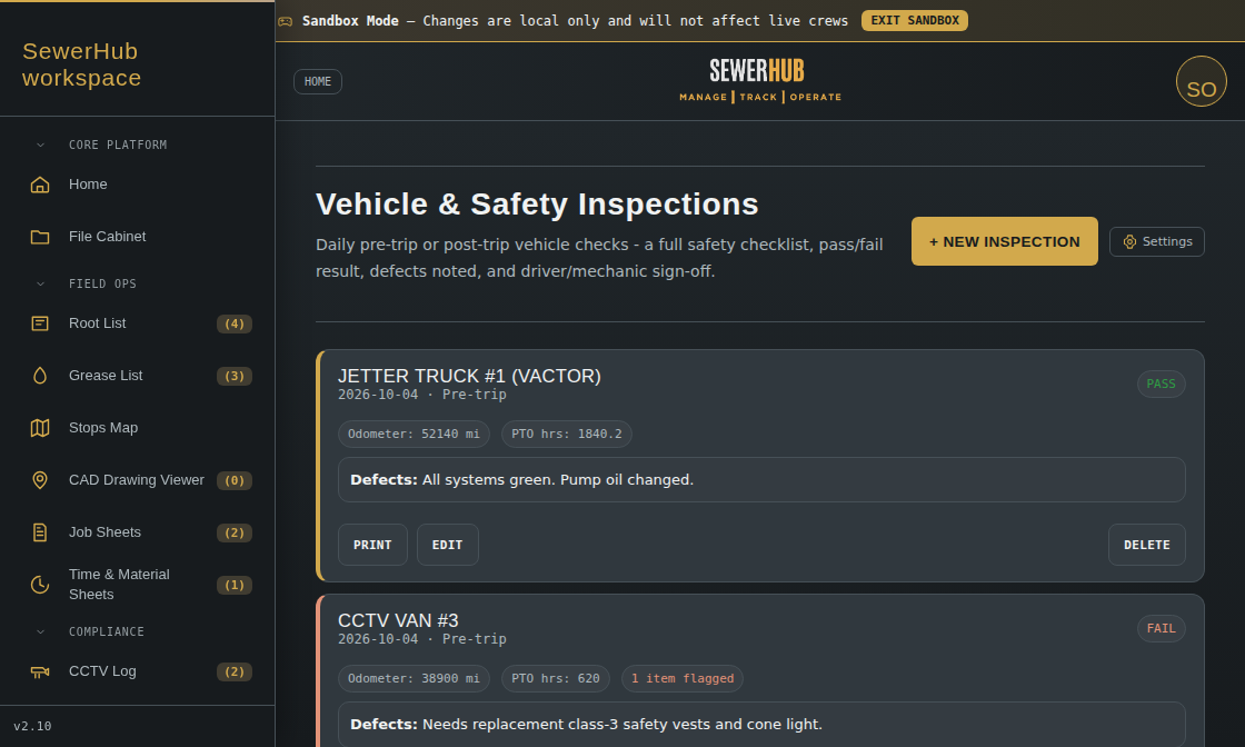 Vehicle and Safety Inspections showing pass and fail status