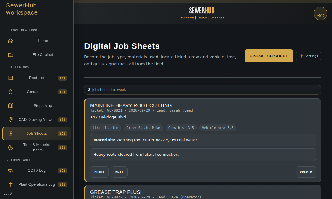 Digital Job Sheets showing materials, crew, and vehicle hours