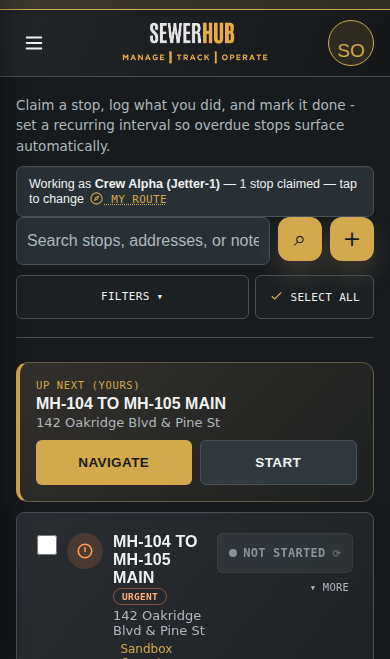 SewerHub Root List on a phone, showing an urgent stop and a claim button