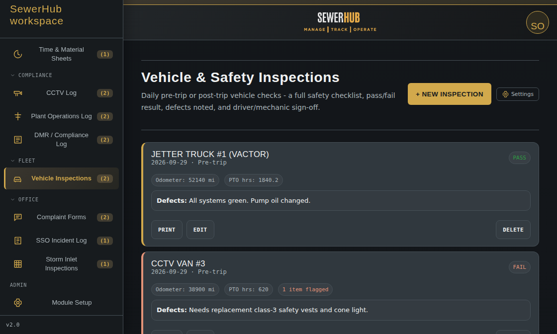 Vehicle and Safety Inspections showing pass and fail status